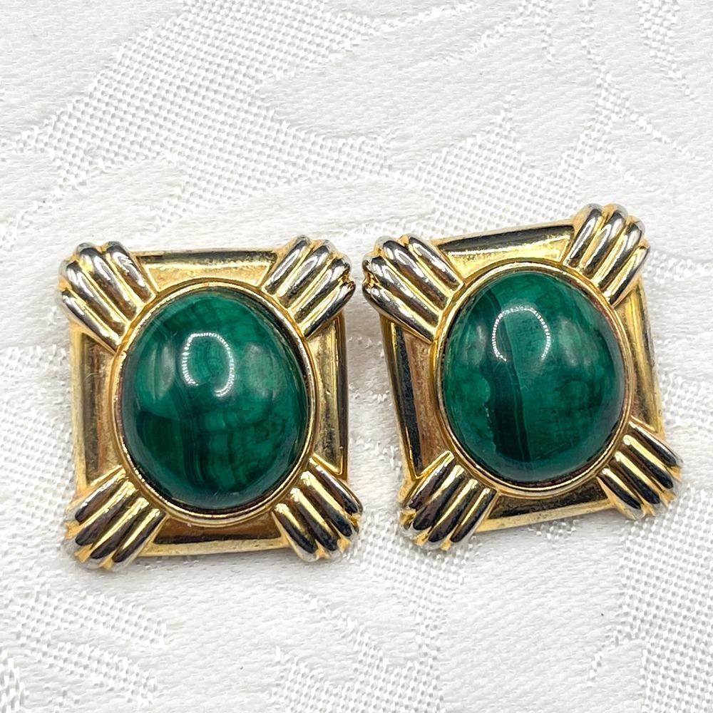 Vintage Chunky Gold Tone Square‎ Clip-On Earrings w/ Textured Green Cabochons